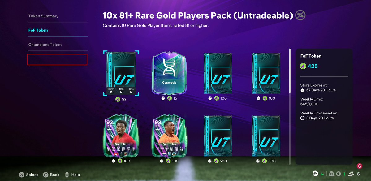 NepentheZ's tweet photo. Here's how I think the Token Store changover will go for FC26 from FoF to FUTTIES.

- Rivals / Squad Battle / Objective FoF token rewards will remain as they are
- FoF Token store is there for 57 more days and only 4 of the items in there expire in 5 days meaning the token store will remain open with the other content for 2 more months
- FUTTIES Token store and account tile will be placed in the red boxes, and we'll continue earning FUTTIES tokens from Thursday.

Because Rivals / Squads rewards count for NEXT weeks FoF token limit of 1k, I'm very temped to save all my tokens and claim the 500 token tradable pack 3 times when FUTTIES are in packs!