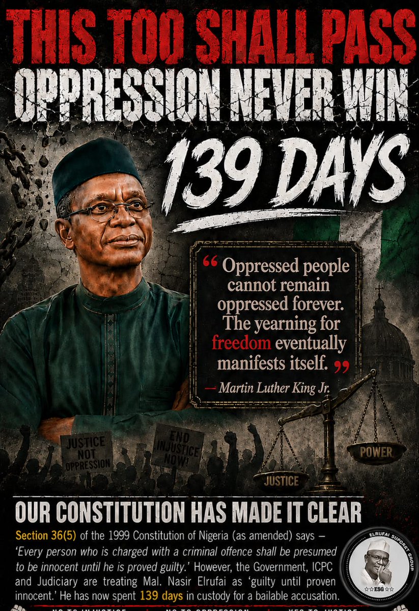 uchediala's tweet photo. #DaysCount 

139 DAYS.
139 DAYS ..
139 DAYS ...
139 DAYS ....

And Still Counting ...

#IStandWithElrufai
#NoRetreatNoSurrender 
#EyesOnTheBall 
#TheElrufaists 
#ESG https://t.co/DQsSAZ15Qf