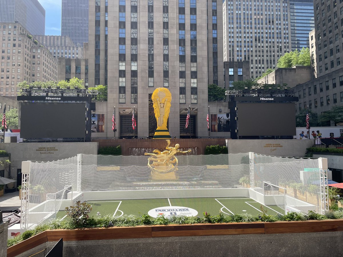 CgTechstar's tweet photo. World Cup 26 Fan Village is under construction at Rockefeller Center. It opens on July 6, and advance reservations are required. https://t.co/OcT5vQ93SD