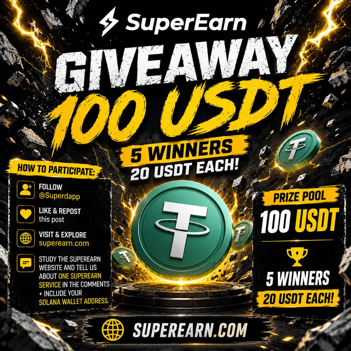 superdapp's tweet photo. 🎉 SuperEarn Giveaway is Live! 🎉

We're giving away 100 USDT to 5 winners — 20 USDT each! 🚀

How to participate:

✅Follow @superdapp
✅Like & Repost + tag 2 friends 
✅Visit https://t.co/c9MSjI2rdu and explore our services.
✅Tell us about one SuperEarn service in the comments and include your Solana wallet address.

🏆 Prize Pool: 100 USDT
🥇 5 winners will each receive 20 USDT.

Start: now!
Deadline: July 8, 2026, 9:00 PM UTC

Good luck to everyone! 🍀