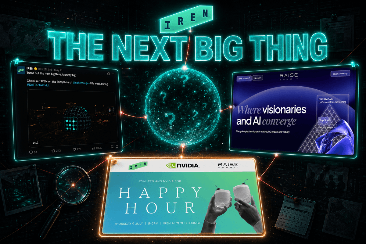chinoalemano's tweet photo. Conspiracy time.

Is a big $IREN announcement coming this week?

Follow the breadcrumbs with me.

May 21. IREN lights up the Exosphere of the Las Vegas Sphere during Dell Tech World. Their official caption: "Turns out the next big thing is pretty big".

A teaser.

On a giant sphere.

That resolved into... nothing yet.

The line is still hanging there.

Now look at RAISE Summit.

July 8 and 9, Le Carrousel du Louvre, Paris.

One of the biggest AI stages in Europe.

Open their homepage: the entire hero visual is a giant glowing sphere.

And IREN is on the agenda with a full hour-long slot.

An hour.

Companies get panels.

Products get keynotes.

Now add the piece everyone forgot: IREN just bought Awaken, a creative and media agency.

An in-house marketing weapon, acquired weeks ago.

And yet, look at how the Warriors deal dropped.

The richest sponsorship in North American sports history, and there was barely a formal rollout.

The announcement looked straight out of ChatGPT.

No campaign, no film, no polish.

You buy a creative agency and then announce your biggest deal ever with AI-generated three lines?

Could be that the creative firepower isn't missing.

It's being saved.

So connect the dots.

A "pretty big" teaser on a sphere in May.

An in-house agency acquired and suspiciously quiet.

A summit wrapped in sphere imagery in July.

A full hour of stage time, three days from now.

Maybe it's pareidolia.

Maybe the sphere is just RAISE's branding, the hour is just a slot, and the agency is just for jersey ads.

Or maybe the next big thing needed a stage in the capital of European AI, one week into the fiscal year, with the whole coalition watching, and a launch campaign nobody has seen yet.

IREN Cloud has a nice ring to it in French.

Let's see.

This is not financial advice. Do your own research.

I'm long $IREN.