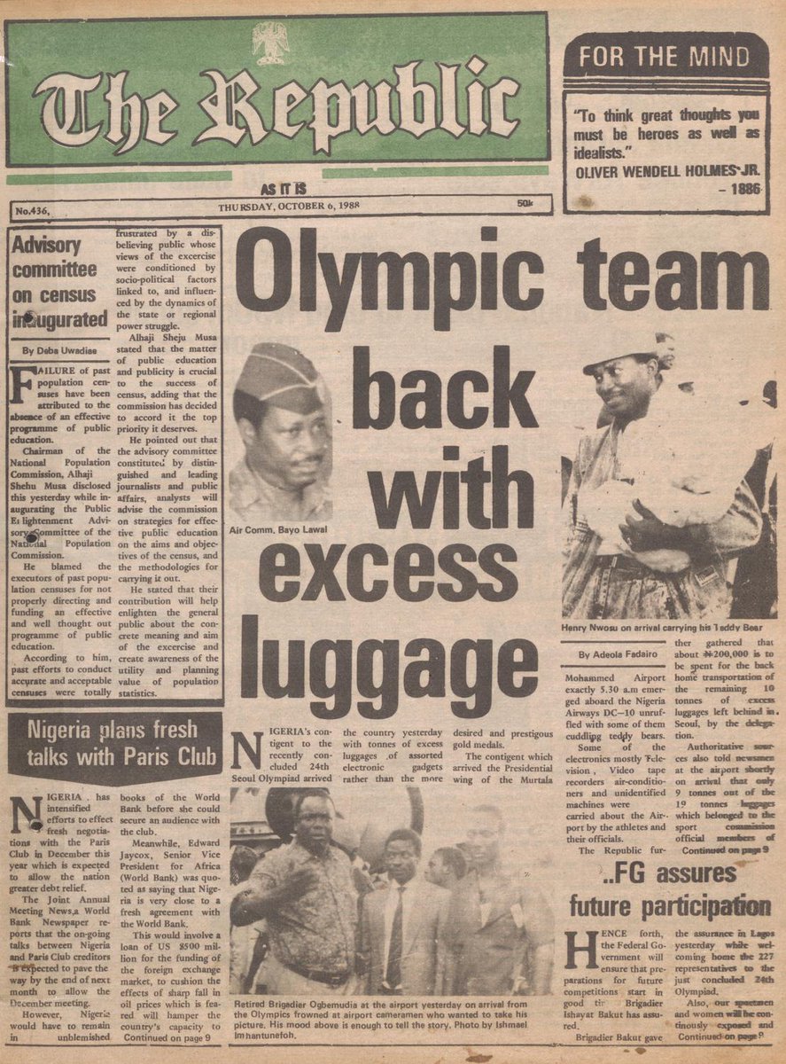 StartArchiving's tweet photo. In 1988, Nigeria's Olympic team returned from the Seoul Games with more electronics than medals.

When the delegation landed in Lagos, athletes and officials were seen carrying televisions, video recorders, air conditioners, teddy bears and other gadgets. The haul was so large that only nine of the 19 tonnes of excess luggage could fit aboard the Nigeria Airways DC-10.

The remaining 10 tonnes, according to The Republic, had to be flown separately, with officials reportedly chartering aircraft for $25,000 and an estimated ₦150,000 to bring the goods from London to Lagos. Altogether, the exercise was expected to cost about ₦200,000.

The aircraft captain had reportedly refused to load everything, forcing the delegation to find another way home for their load.

When reporters questioned delegation member Dagogo Wilcox he had this to say:

"At 48, I cannot travel so long with this small bag and expect me to come home empty-handed."