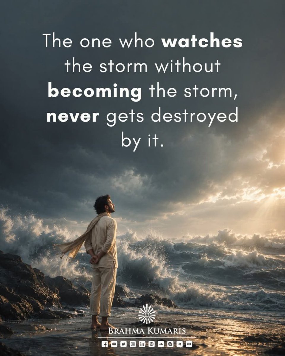 bk_toronto's tweet photo. Every storm in life asks the same question: Will you become it, or will you watch it? When criticism, chaos, or anger comes your way, the instinct is to react. But the moment you react, the storm enters your mind. Choose to be the observer instead. 
#BrahmakumarisToronto https://t.co/U2FxwDBudP