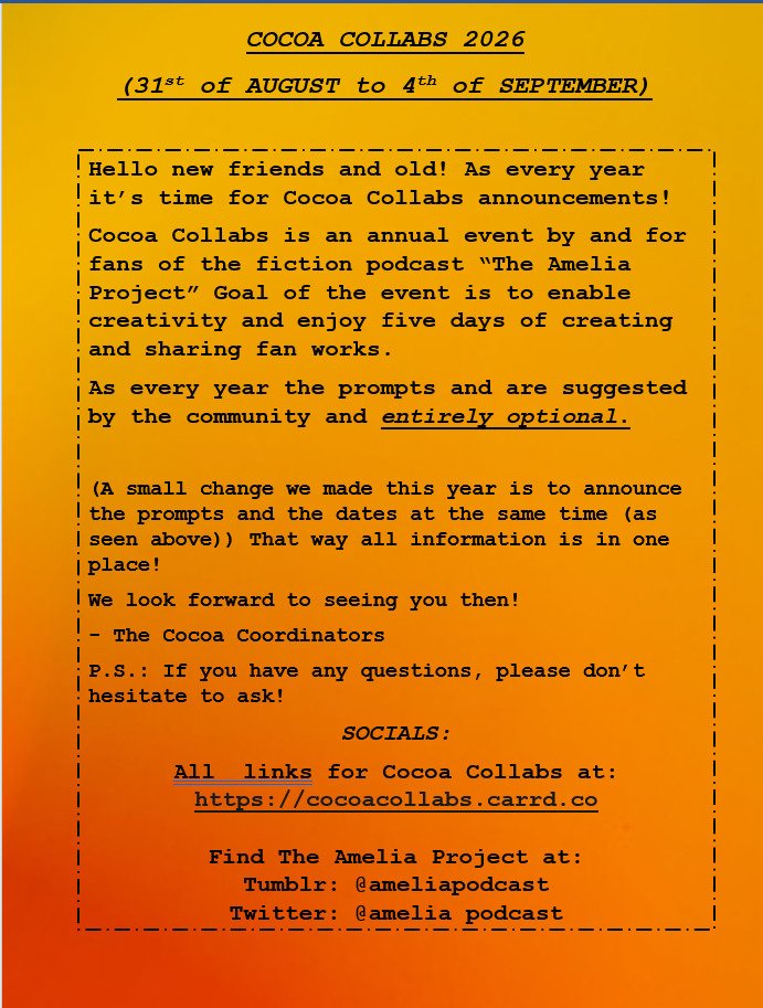 CocoaCollabs's tweet photo. PROMPTS AND DATE ANNOUNCEMENT!!

See you between the 31st of August and the 4th of September!! ☕️🧡

(plain text version in the replies!) https://t.co/DFTlsy4EXB