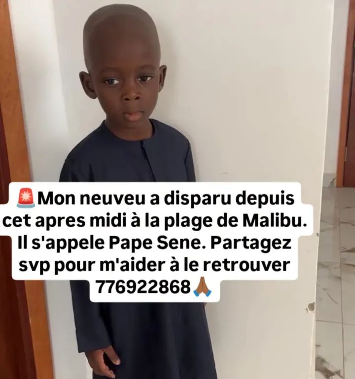 Avis_Senegal's tweet photo. 🚨Mon neuveu a disparu depuis cet apres midi à la plage de Malibu. Il s'appele Pape Sene. Partagez svp pour m'aider à le retrouver 776922868🙏🏾 https://t.co/hkAv0jqkFD