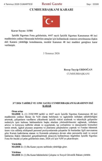 Zamoolizaa's tweet photo. Resmî Gazete’de yayımlandı.
İşsizlik Sigortası Fonu gelirlerinin ilgili amaçlar için kullanılabilecek oranı 2026 yılı için %30’dan %50’ye çıkarıldı.
#resmigazete https://t.co/OMB9nxNdQd