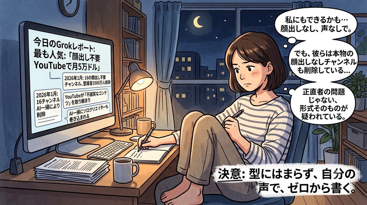 NTengmiki's tweet photo. 今日のGrokレポート、一番人気は「フェイスレスYouTubeで月5万ドル」だった。

一瞬「私にもできるかも」と思った。顔出し不要、声出し不要。主婦の私でもいけそうな気がした。

でも調べたら、同じ2026年、YouTubeは今も「非本物コンテンツ」の摘発を続けていた。

1月の一斉削除で16チャンネル・登録者3,500万人分が消えた。

そして今日知ったのはもっと怖いことだった。摘発されているのはAIで大量生産したチャンネルだけじゃない。一人でコツコツ台本を書いていた、正真正銘のフェイスレス投稿者まで巻き込まれている。

「型」そのものが疑われる時代になった。

正直者が損をする話じゃない。「頑張れば報われる」という前提そのものが揺らいでいる。

まだ0円だ。でも型より、自分の声で書くと決めた。

プロフィールのNoteに、続きを書きました。

#AI副業 #主婦の副業 #note #副業初心者 #情報核査
