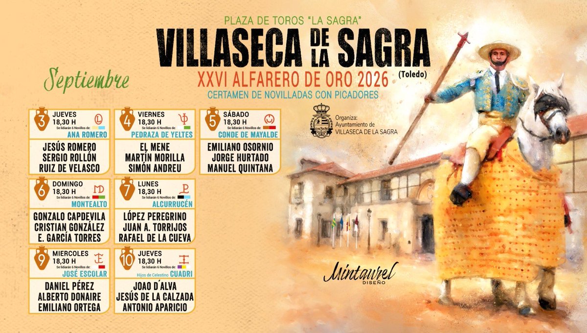 Toledotoros's tweet photo. Carteles oficiales del XXVI Alfarero de Oro en @Villasecatoros. https://t.co/08c0h72smW