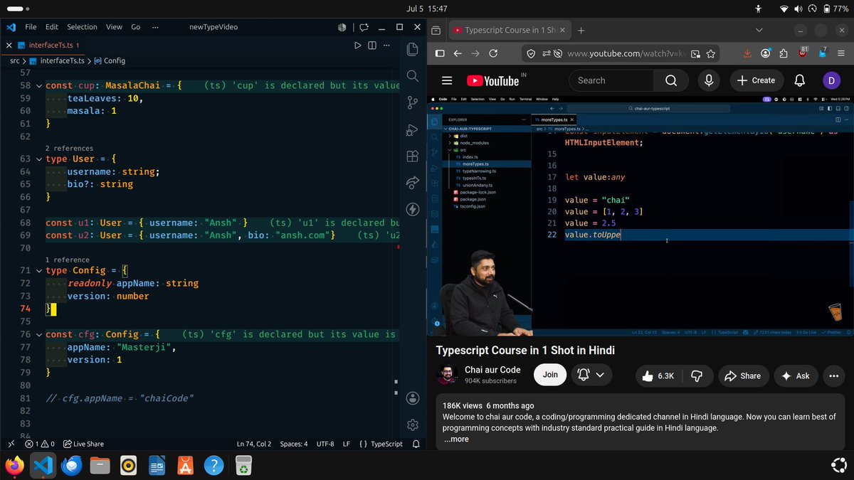 Dromi_Monster's tweet photo. Restarting from Backend classes because,
Didn't done the typescript so learning from ChaiCode .
Typescript Course in 1 Shot in Hindi https://t.co/MsrNMpxRrR via @YouTube 
@ChaiCodeHQ @Hiteshdotcom https://t.co/l6oz5KZUJz