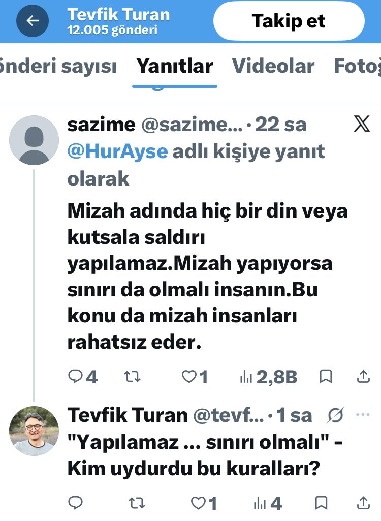 munes135's tweet photo. @tevfiktu @HurAyse “Mizah adında hiç bir din veya kutsala saldırı yapılamaz.Mizah yapıyorsa sınırı da olmalı insanın.”
Açıklamasına;
“ Kim uydurdu bu kuralları “ şeklinde cevap veren, Allah’ın bahşettiklerinden nasipsiz bir tırığa biz ne bahşedebiliriz ki? https://t.co/8upL8jvEPT
