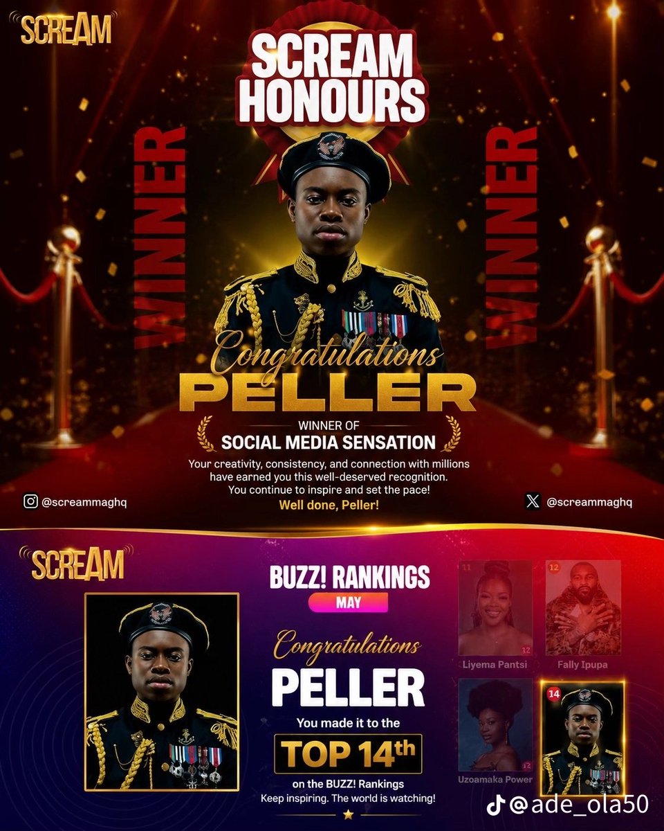 desmond65709's tweet photo. While y’all dey argue, 🚨Peller just dey quietly collect awards like it’s nothing  SCREAM HONOURS Social Media Sensation Winner + Top 14 Buzz Rankings loading🤯… No noise, just results. General Peller things  The wave no dey loud but e dey carry medal  We move. 🔥🔥🦂🦂🦂🫡 https://t.co/PNbx8jxEOU
