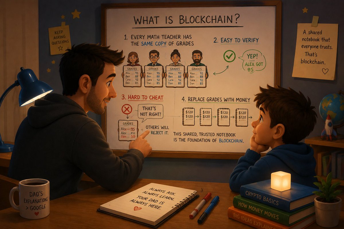 blockchefs's tweet photo. If I ever had to explain blockchain to my future 10 year old son, I'd probably say something like this:

Look buddy, imagine our city has lots of schools.
Normally, when you get a math grade, only your teacher has it written down in her notebook.

Now imagine something different. https://t.co/q00BeOlf0s