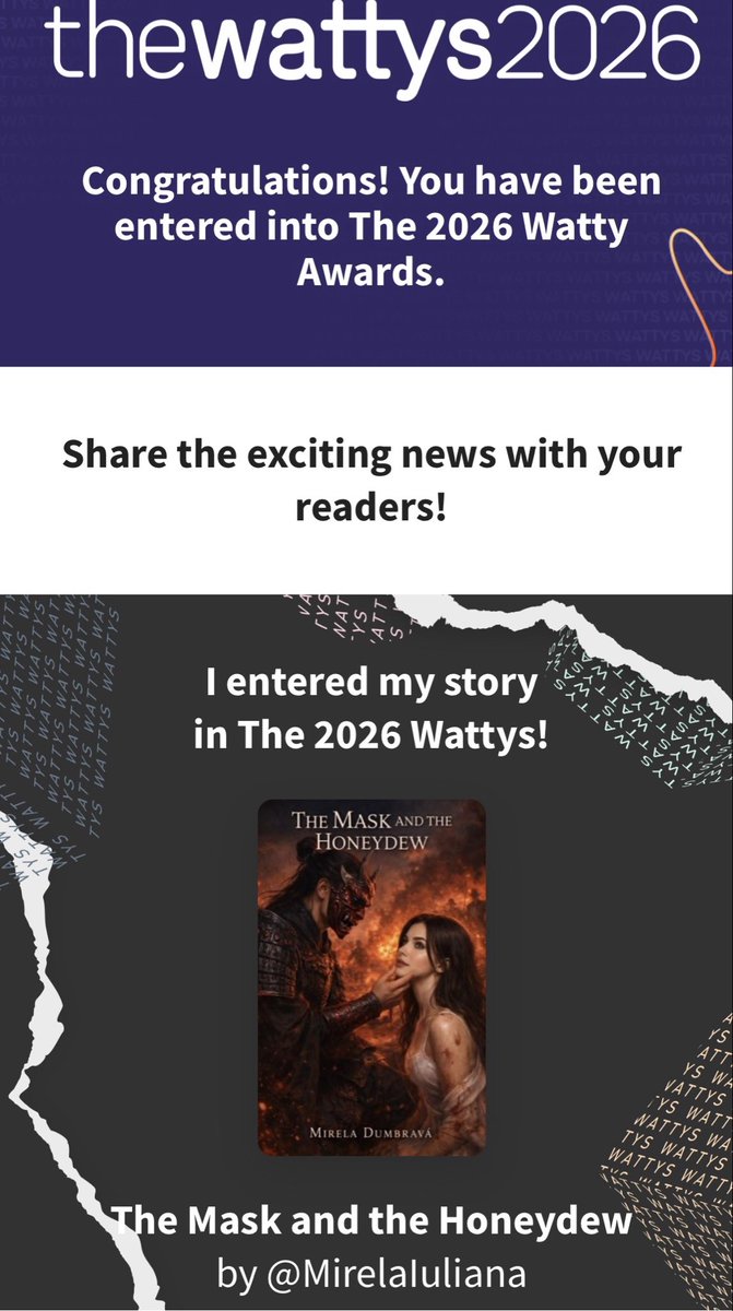 vanillaSimmer's tweet photo. 📚✨ Exciting news!

My novel The Mask and the Honeydew has officially been entered into The Wattys 2026.

No matter the outcome, I’m incredibly proud of this story and grateful to everyone who supported it along the way. 🖤

#TheWattys2026 #Wattpad https://t.co/1ISMgKNcSU