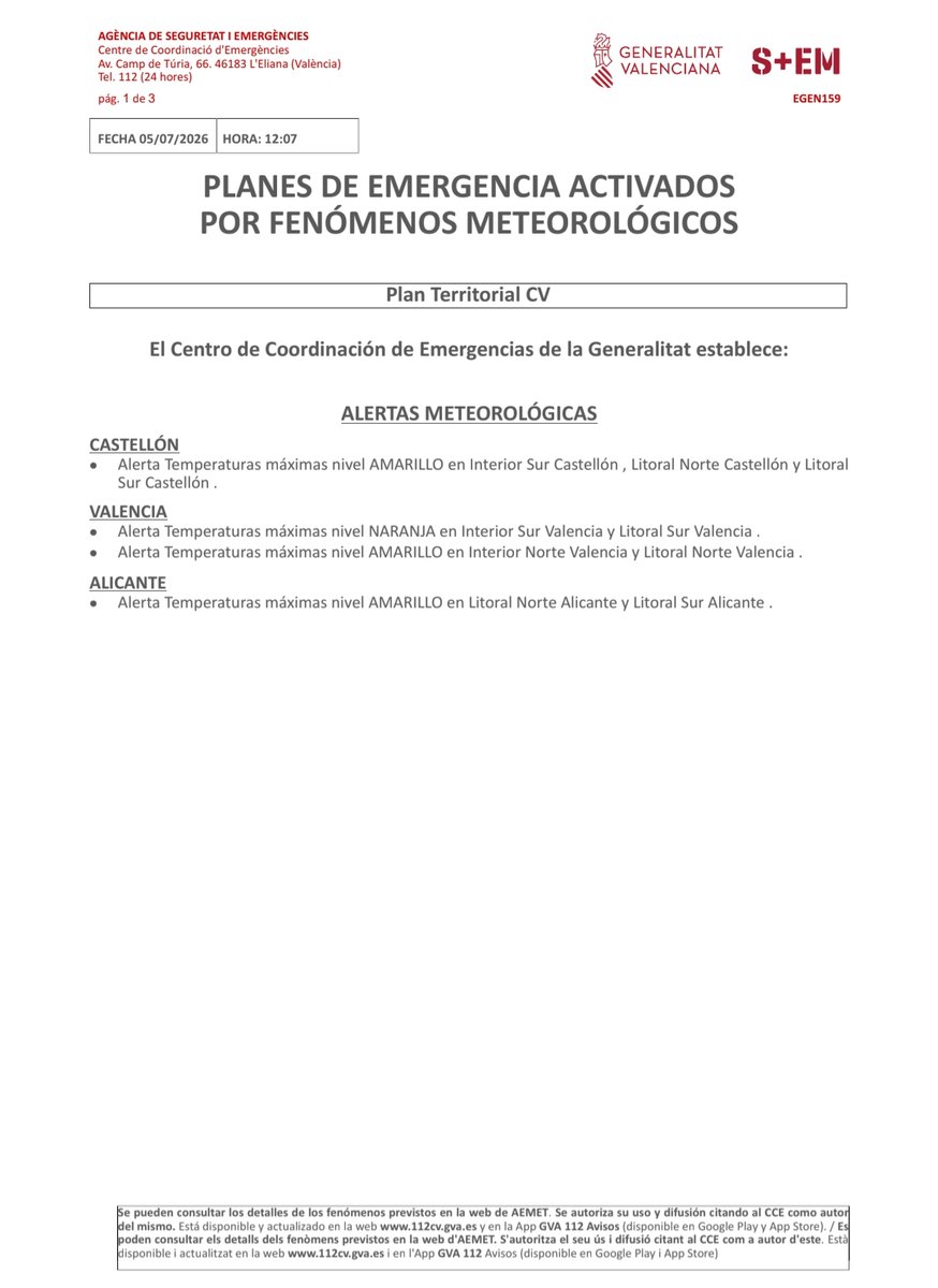 GVA112's tweet photo. ⚠️El Centro de Coordinación de Emergencias de la @generalitat emite un boletín de fenómenos meteorológicos y establece:

🌡️🟠Alerta nivel naranja por temperaturas máximas en todo el sur de Valencia.
🌡️🟡Alerta nivel amarillo por temperaturas máximas en todo el norte de Valencia, en todo el litoral y en el interior sur de Castellón y en todo el litoral de Alicante.

🕐El episodio comenzará, según la @AEMET_CValencia, mañana 6 de julio a partir de las 12:00 horas.