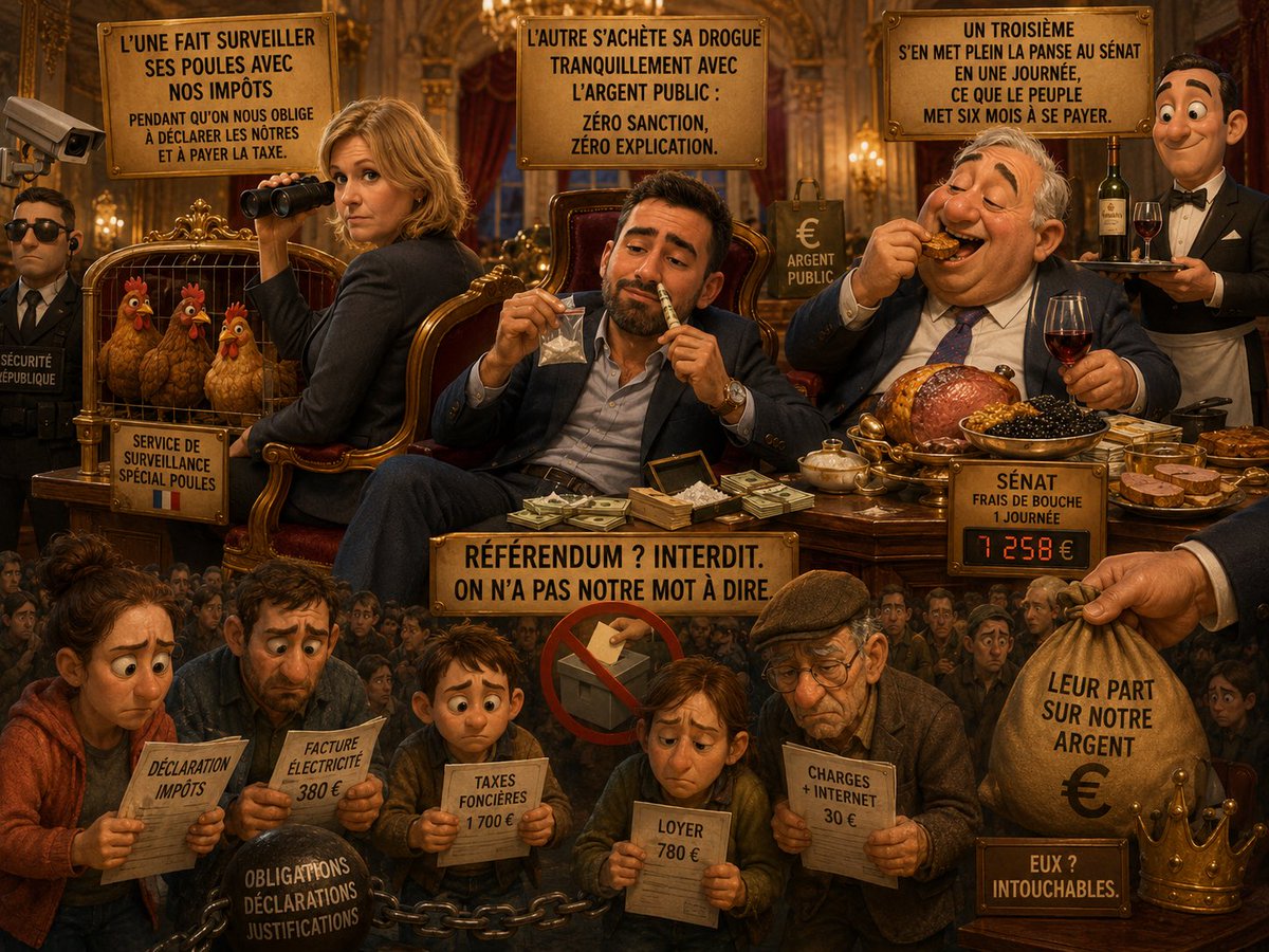 sistadunet's tweet photo. Le régime nage dans le luxe le plus insolent, sans rendre AUCUN compte à personne. L’une fait surveiller ses poules avec NOS impôts pendant qu’on nous oblige à déclarer les nôtres et à payer la taxe. 

L’autre s’achète sa drogue tranquillement avec l’argent public : ZÉRO sanction, ZÉRO explication. 

Un 3ème s’en met plein la panse au Sénat en une journée, ce que le peuple met 6 mois à se payer.

Référendum ? Interdit. On n’a pas notre mot à dire. Ils sont nos maîtres, nous leurs ESCLAVES. Nous devons tout déclarer, tout justifier et leur filer leur part sur notre argent. Eux ? Intouchables.
Une caste de PARASITES arrogants qui nous prend pour des pigeons à plumer. Le mépris est total. Le scandale, INSUPPORTABLE !!!
