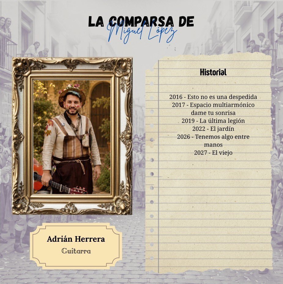 Comparsaml's tweet photo. 🎭Hoy presentamos a Adrián Herrera. Será una de las personas que ponga los acordes a nuestra música, aportando ilusión, compromiso y trabajo. Esperamos que dé lo mejor de sí y que se sienta como en casa, porque ya forma parte de esta familia.🎭

🎭🎶¡Bienvenido a “El Viejo”🎭🎶 https://t.co/WkVy3qiQbJ