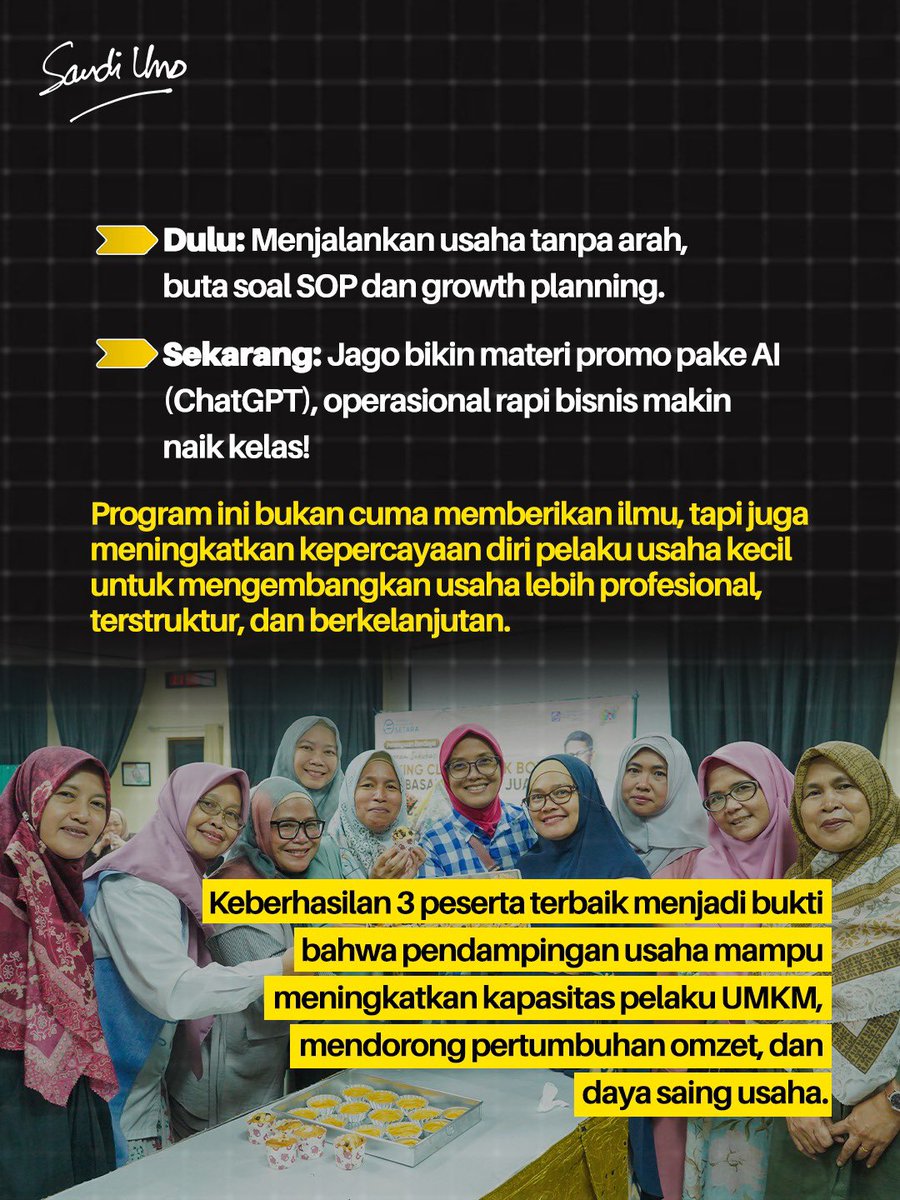 sandiuno's tweet photo. OMZET NAIK 2X LIPAT! EMAK-EMAKPRENEUR NAIK KELAS! 

Setelah dapat pendampingan usaha dari kami Yayasan Indonesia Setara x Gemawira, emak-emak hebat ini udah jago bikin materi jualan pakai AI. 
Pendampingan usaha ini bisa mendorong pertumbuhan omzet, dan daya saing produk lokal.

Buat pelaku usaha lainnya, ini giliran bisnis kamu naik kelas. Yuk daftar sekarang di Yayasan Indonesia Setara, GRATIS!