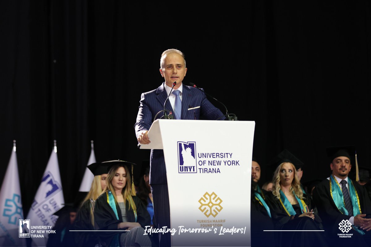 UNYT_Official's tweet photo. We were honored to welcome H.E. Mr. Barış Ceyhun Erciyes, Ambassador of the Republic of Türkiye to Albania, to our UNYT's graduation ceremony.

During his speech addressed, he emphasized the enduring friendship between Türkiye and Albania and the vital role of education in strengthening cooperation between the two countries. 

H.E. Mr. Barış Ceyhun Erciyes praised UNYT's contribution to preparing students not only with academic excellence, but also with the values, skills, and global perspective needed to thrive in an ever-changing world.

Expressing his confidence in the graduates' future success, the Ambassador also extended his appreciation to the University's staff and to the families whose dedication and unwavering support made this milestone possible.

Congratulations to the Class of 2026 and may your path and fortune be bright. 

🗽 University of New York Tirana

𝙀𝙙𝙪𝙘𝙖𝙩𝙞𝙣𝙜 𝙏𝙤𝙢𝙤𝙧𝙧𝙤𝙬’𝙨 𝙇𝙚𝙖𝙙𝙚𝙧𝙨!

#UNYT #MaarifUniversities #MaarifAlbania #ClassOf2026 #UNYTGraduationCeremony