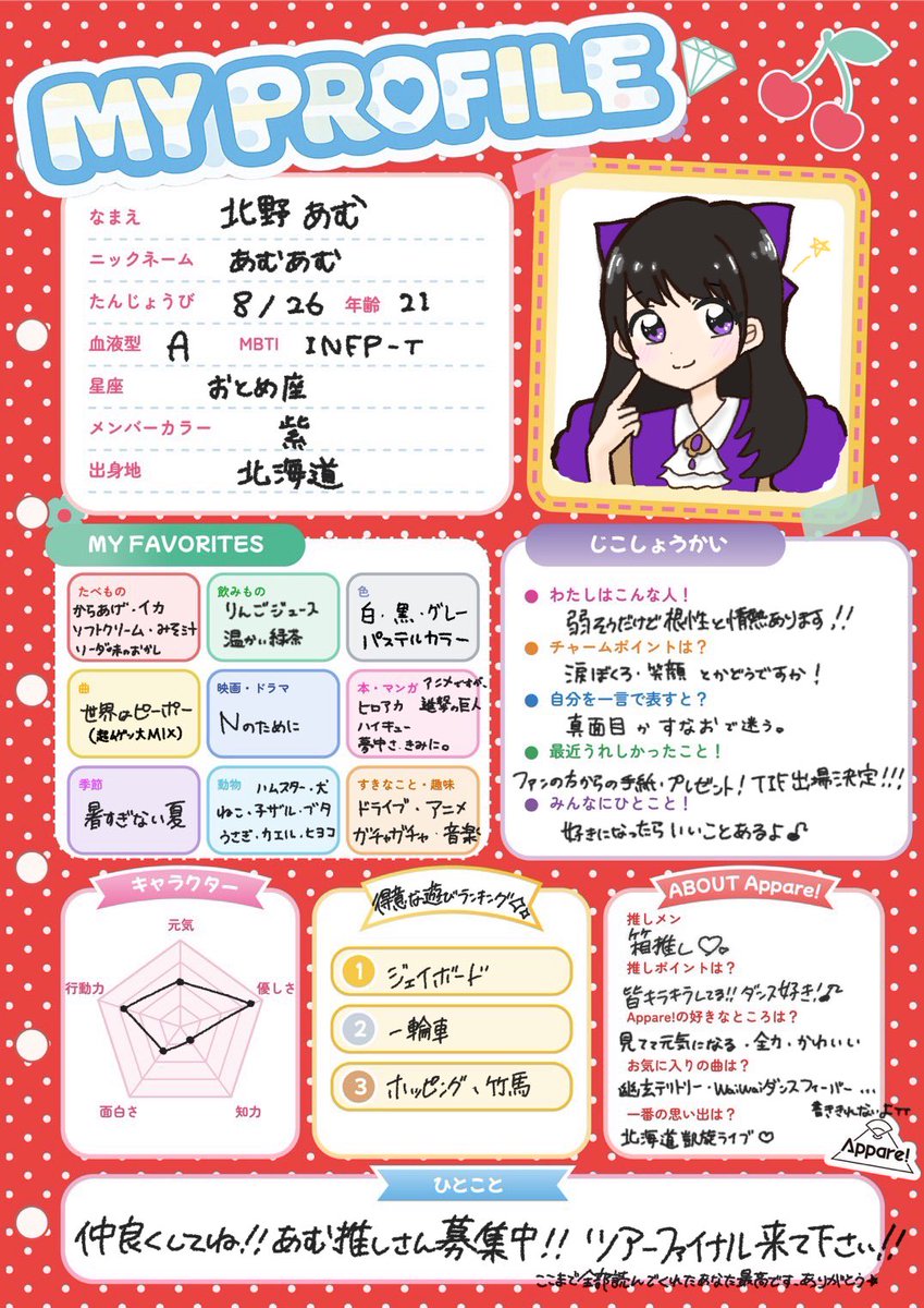 official_appare's tweet photo. 【💜メンバープロフィール帳💜】

本日は…
Appare!紫色担当
北野あむ🐑🪻

あむあむのプロフ帳見て行ってね♡

#Appareプロフ帳 https://t.co/m477PEZMPD