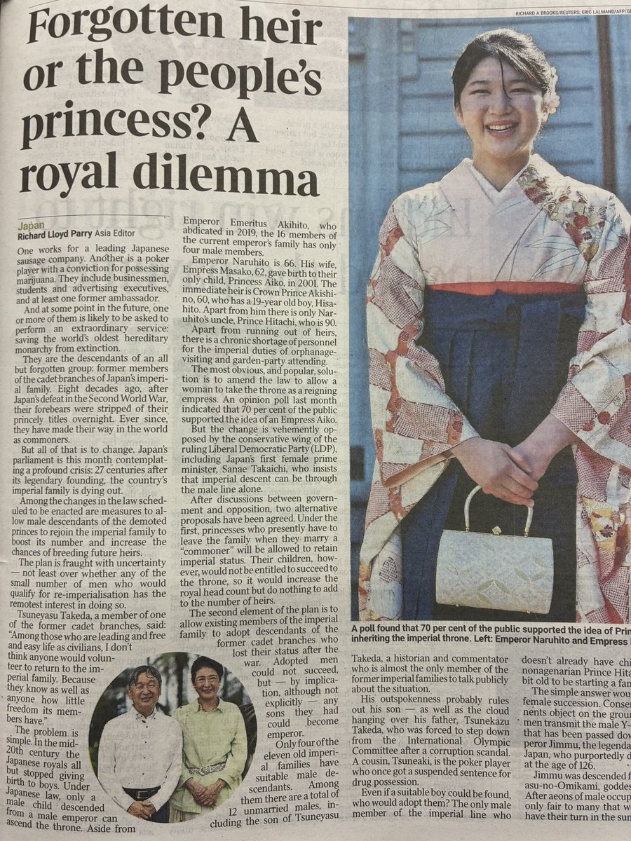 stevehara28's tweet photo. @princess__aiko The Times (UK)   June 26
*
“Japan’s imperial family is dying out.”
“The simple answer would be to allow female succession.”
“Jimmu was descended from Amaterasu, goddess of the sun.
Women should have their turn in the sun again.” https://t.co/IlFFT1cLY8