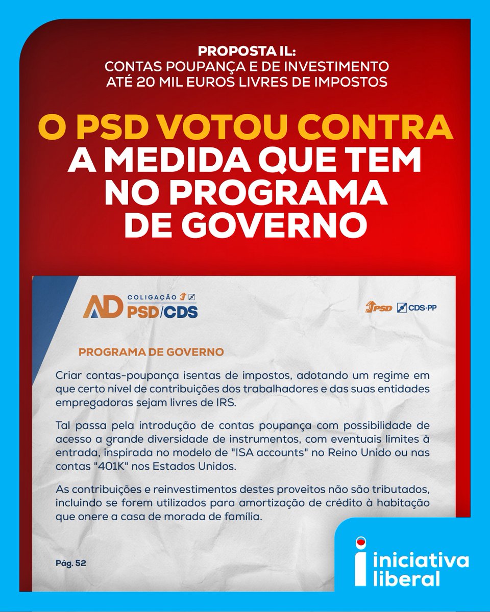 LiberalPT's tweet photo. Contas poupança e de investimento livres de impostos: o PSD tem a medida no seu programa de governo e não a implementa e chumbou a proposta da IL que o fazia acontecer. 

É preciso ser-se muito incapaz. https://t.co/YoLstTO4y9