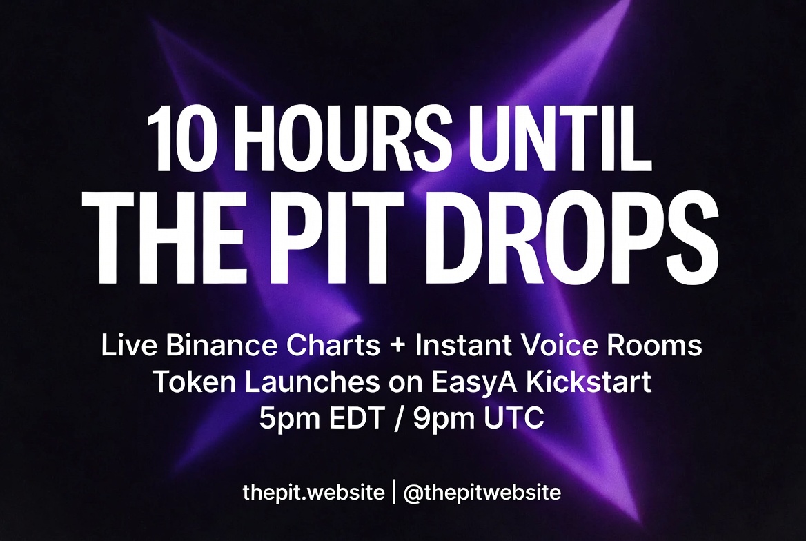 thepitwebsite's tweet photo. 10 hours until THE PIT drops.

Live Binance charts + instant voice rooms with everyone watching the same BTC, ETH, SOL pair. 

Real energy, real talk.

Official token launching on @EasyA_Kickstart at 5pm EDT / 9pm UTC.

https://t.co/8ol5bOO8kY https://t.co/5mpaQ8oJVL