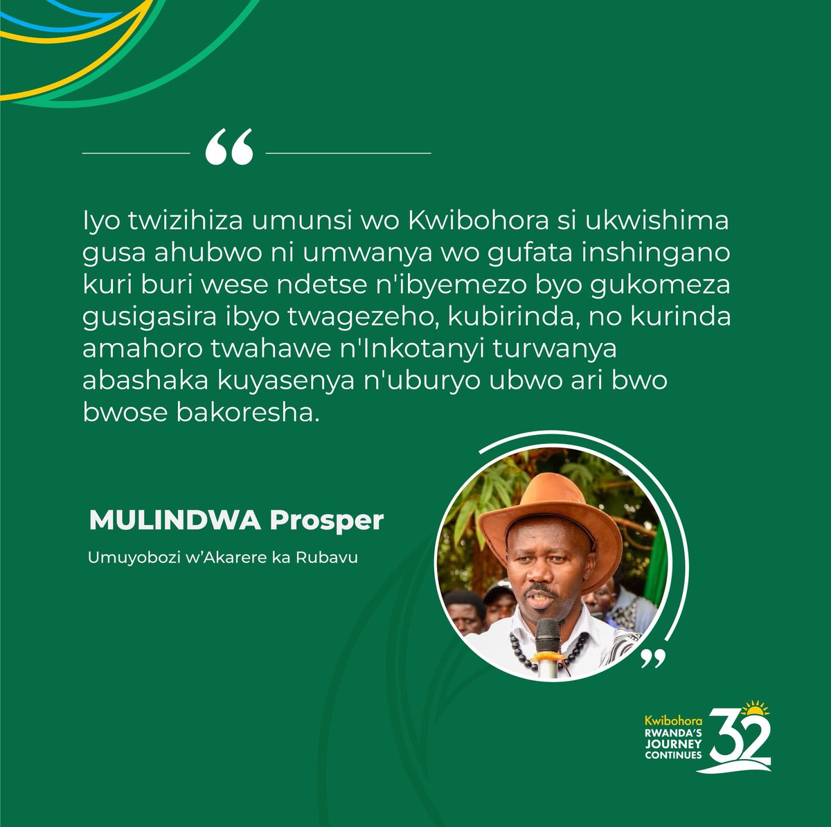RubavuDistrict's tweet photo. "Iyo twizihiza umunsi wo Kwibohora si ukwishima gusa ahubwo ni umwanya wo gufata inshingano kuri buri wese n'ibyemezo byo gukomeza gusigasira ibyo twagezeho, kubirinda, no kurinda amahoro twahawe n'Inkotanyi turwanya abashaka kuyasenya n'uburyo ubwo ari bwo bwose bakoresha." https://t.co/m865lIMNdl