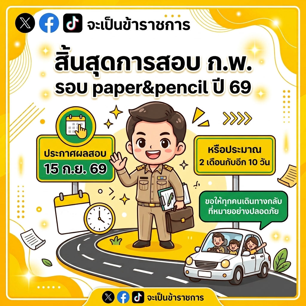ToBCivilServant's tweet photo. 🏁 เสร็จสิ้นการสอบ ก.พ. รอบ paper&amp;pencil ปี 69 ✅

📍🗓️ประกาศผล 15 ก.ย. 69 
หรืออีก 72 วัน หรือประมาณ 2 เดือนกับอีก 10 วัน

#สอบกพ #สอบกพ69 https://t.co/yfUYdTRN6U