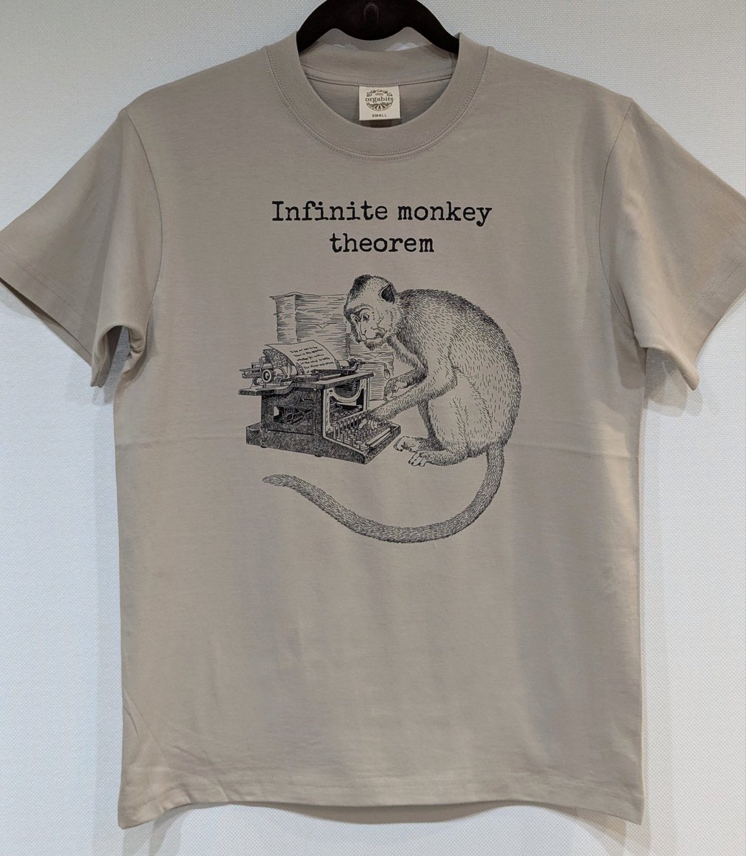 pyritesmile's tweet photo. 「無限の猿定理Ｔシャツ」

猿がタイプライターをランダムに打鍵したらいつかシェイクスピアの名作が生まれるだろうか?と言う有名な思考実験
無限の猿定理をモチーフにデザインしました。

猿のモデルはカニクイザルです

A04~06
#博物ふぇす https://t.co/uu5vCPF9OA