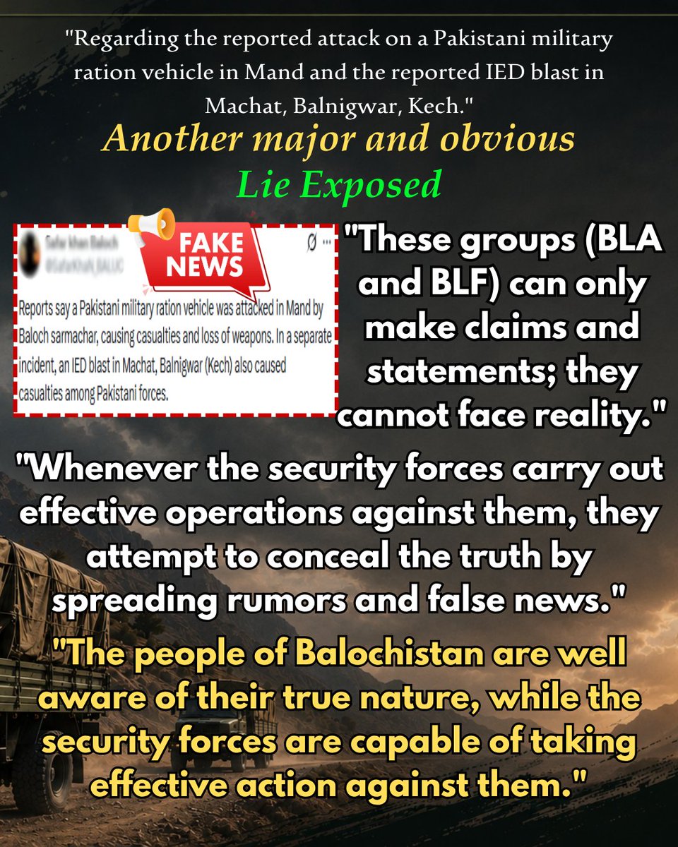 Nimra54118's tweet photo. Another major lie about the claims regarding Mand and Kech has been exposed. These groups (BLA and BLF) rely on claims and statements, and attempt to conceal the truth by spreading false news.
#FactCheck
#VerifyBeforeSharing
#StopMisinformation https://t.co/cZb3Q665XJ