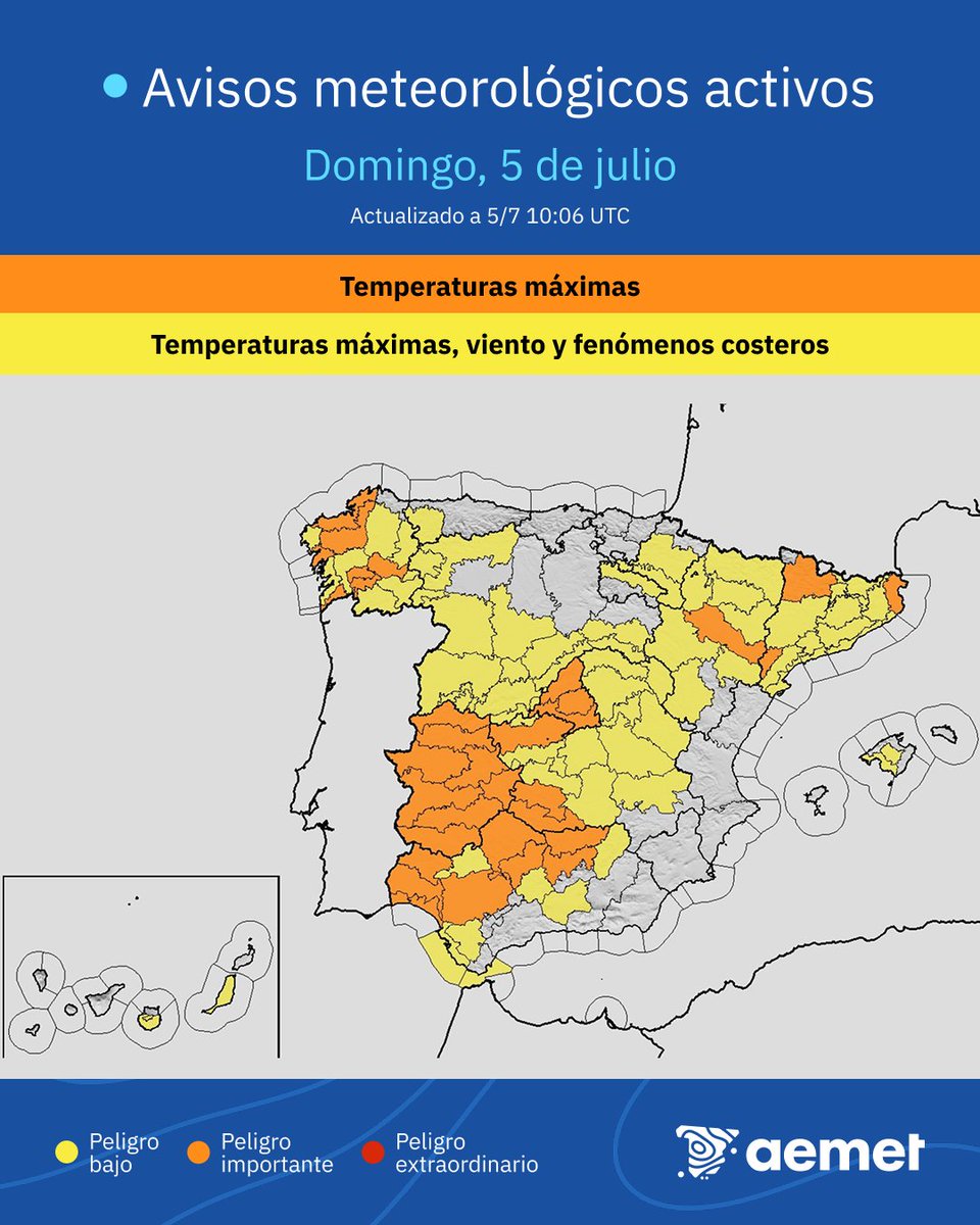 AEMET_Esp's tweet photo. ⚠️ OLA DE CALOR | AVISOS

🟠Domingo 5 y lunes 6: avisos naranjas. Peligro importante. 
👉 Temperaturas máximas de 37 a 42 °C.

🔴 Martes 7: AVISOS ROJOS. Peligro extraordinario. 
👉 Temperaturas máx. de 42 a 44 °C en zonas de Aragón, Cataluña y Comunitat Valenciana.

¡Precaución! https://t.co/QiwoTMKlGS