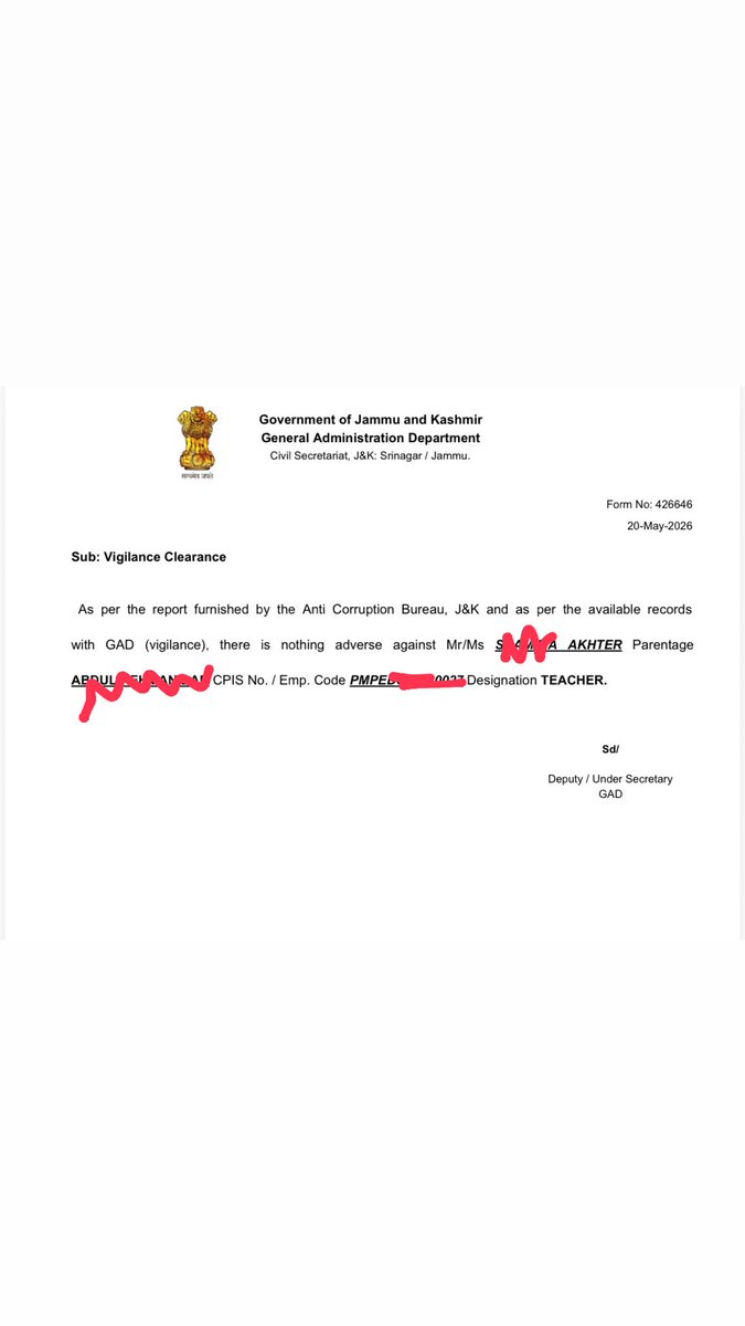 Dr_Salfiyah's tweet photo. For the record, the vigilance clearance was already issued nearly two months ago, and I possess official documentary proof of the same. The real issue is that the file has reportedly been lying in a clerk’s office at the Civil Secretariat under File No. Edu-NG K/102/2025 (7621995) for the past two months without any movement. Therefore, the delay is clearly not due to vigilance clearance. I hope the inquiry considers the complete factual record, identifies the actual cause of the delay, fixes accountability, and ensures that my mother’s long-pending case is resolved without any further delay. @GreaterKashmir @JKACB @Director_SEK @SchoolEdujkut @OmarAbdullah @sakinaitoo @parawahid