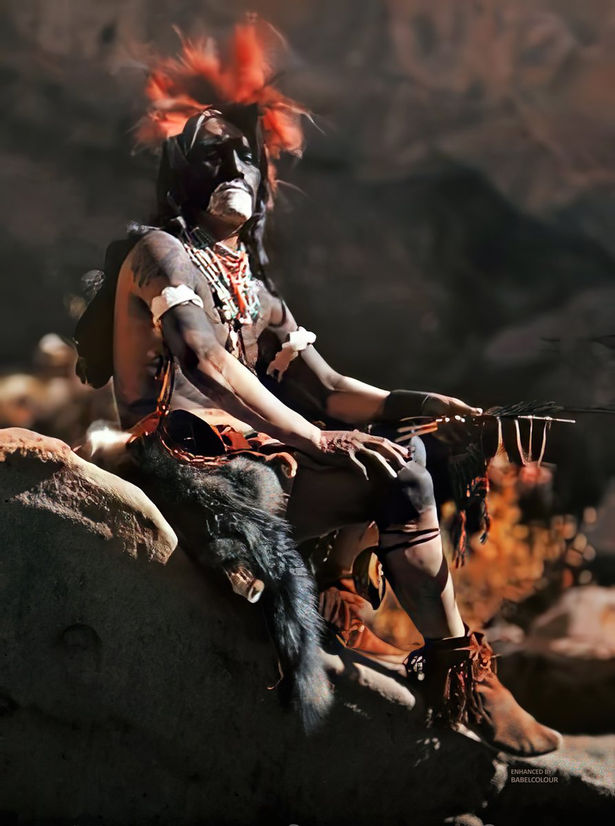 StuartHumphryes's tweet photo. Travel back in time 114 years to the summer of 1912. This imposing figure is named Kopeli, the Chief of the Snake Clan Priests at the Hopi Snake Dance Ceremony in the Pueblo of Walpi, Arizona. 
I have cleaned-up this stunning photo by Franklin Price Knott which was taken in 1912 but not published by the National Geographic until 1916. it was taken using an early colour glass-plate process and isn't colourised.