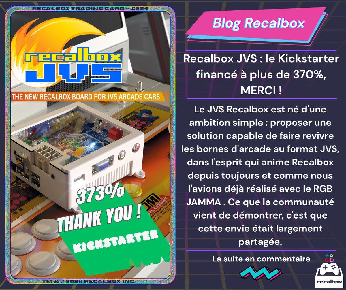 recalbox's tweet photo. Recalbox JVS : le Kickstarter financé à plus de 370%, MERCI ! https://t.co/otcuMrWX0V