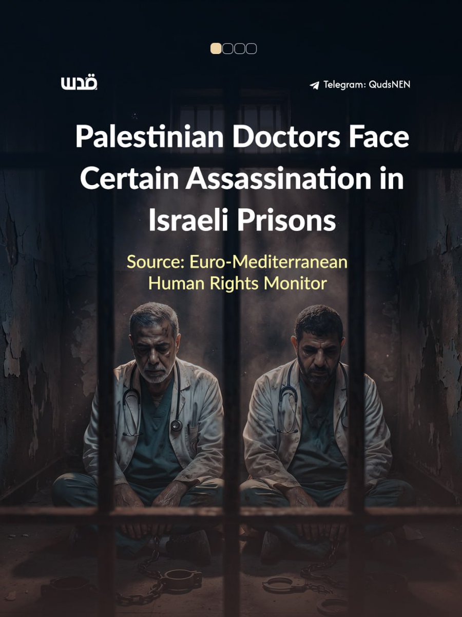 QudsNen's tweet photo. The life of Dr. Hussam Abu Safiya, the director of Gaza's Kamal Adwan Hospital, is in danger, with genuine fears that he may be deliberately killed, according to the latest information provided by his lawyer.

According to information available to Euro-Med Human Rights Monitor, Dr. Marwan Al Hams, a senior official in Gaza's Health Ministry, is also being subjected to daily torture sessions that have caused his heart to stop, placing his life in immediate danger.

1/2