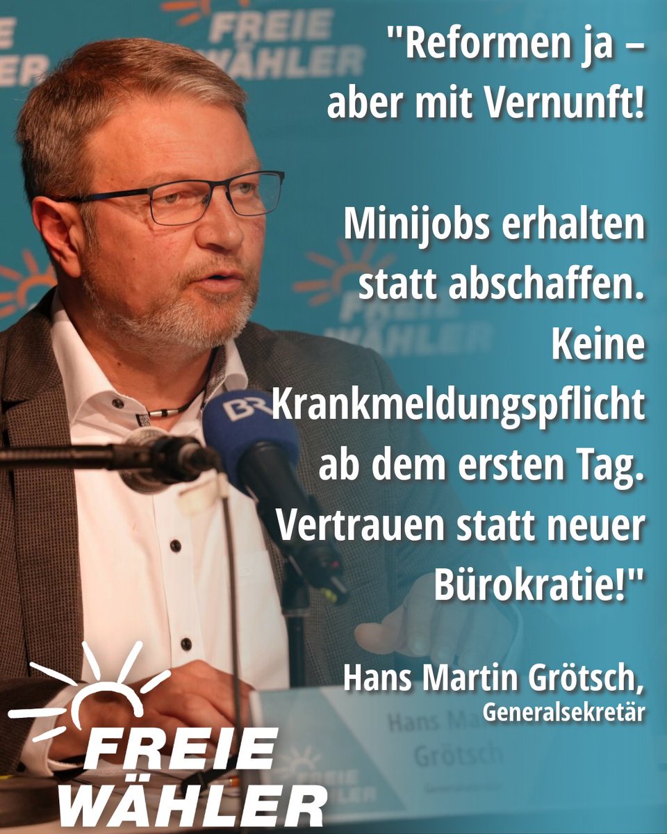 fw_bayern's tweet photo. 🗣️ Hans Martin Grötsch, Generalsekretär:
Reformen mutig anpacken – aber praxisnah für die Menschen!
Der Koalitionsausschuss liefert einen ordentlichen Erstaufschlag. Als FREIE WÄHLER begrüßen wir diese dringend nötigen Reformen ausdrücklich. Jetzt geht es an die Umsetzung – und hier muss der Bundestag mit klarem Blick für die Praxis nachbessern.

Für uns ist klar: Zukunft gestaltet man mit Vertrauen und Entlastung, nicht mit neuen Hürden.
Zwei entscheidende Stellschrauben müssen korrigiert werden:

🛑 Minijobs erhalten: Die 630-Euro-Jobs sichern Flexibilität für 7 Millionen Menschen und stärken Gastronomie sowie Handel. Eine Abschaffung schadet der Wirtschaft.
🛑 Vertrauen statt Misstrauen: Die Krankmeldung ab dem ersten Tag sorgt nur für neue Bürokratie. 

Das belastet Arbeitnehmer und überlastet die Arztpraxen, macht aber niemanden schneller gesund.
Wir stehen bereit, diese Reformen zum Erfolg zu führen – aber mit Vernunft und Blick für die Realität. Arbeit muss sich lohnen! 🇩🇪💪
#FREIEWÄHLER