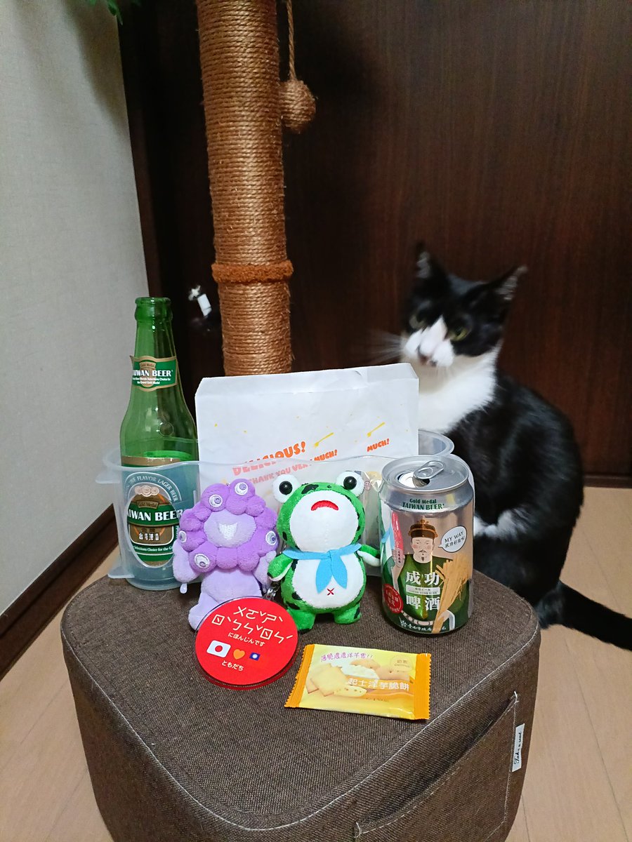 Topasei's tweet photo. 🐸にアクリルキーホルダーとお菓子をいただきました。ありがとう♪🐱が興味を持ってやってきたから片付ける。😅 https://t.co/Y4Jj0lSlj3