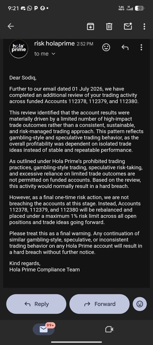 kingposhi's tweet photo. Guys pls I need your help I don't know what to do again @HolaPrimeGlobal @Somesh_HP  just rejected my payout again on my 300k account before payout date and reset my account again saying I made to much profit on a trade and flagging it as gambling and bad risk management. 
My first payout of $20k was rejected and my account was reset due to high margin use I than traded again using low margin and less risk after making $21k again with 3trades 1loss 2wins this people are telling me that I am gambling and over risking below is the video evidence of all the trade I took on gold
@CableAnalyst @pips_daily @Temidire_right  @UGOOOTWEETS @AU79executioner  @ighotrades  @B_trader__ @QueenTea__ @The_4thMan @SayLessFX  @lex_consults  @trustedprophub @PropFirmMedia @PropFirmMatch