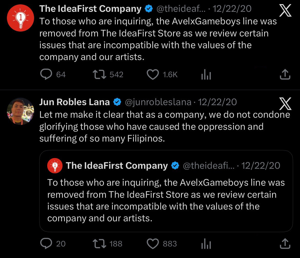 whatofwhatof's tweet photo. “...certain issues that are incompatible with the values of the company and our artists.”

“...we do not condone glorifying those who have caused the oppression and suffering of so many Filipinos.”

Context: ideafirst removed their collab merch after knowing avel supports marcos https://t.co/9GmhlezB8W