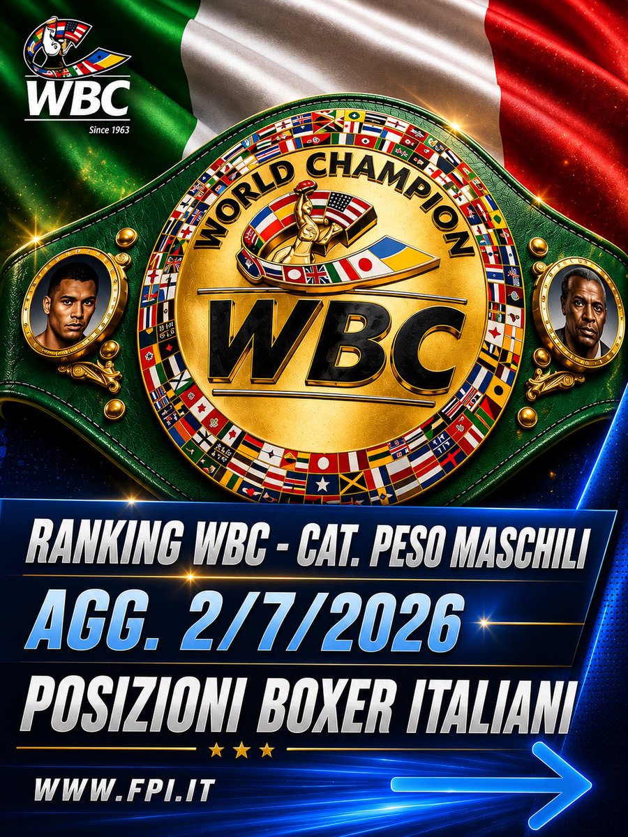 FPIBoxe's tweet photo. ๐ฅ๐ Ranking ๐ WBC
๐ฅ Categorie di Peso Maschili
๐ Agg. 3/7/2026
๐ฅ ๐ฎ๐น Posizioni Boxer Italiani
๐ฅinfo https://t.co/ef8QJxttD4
#Itaboxing #Boxe #Boxeo #Pugilato #Boxing https://t.co/fUp7Lemmc1