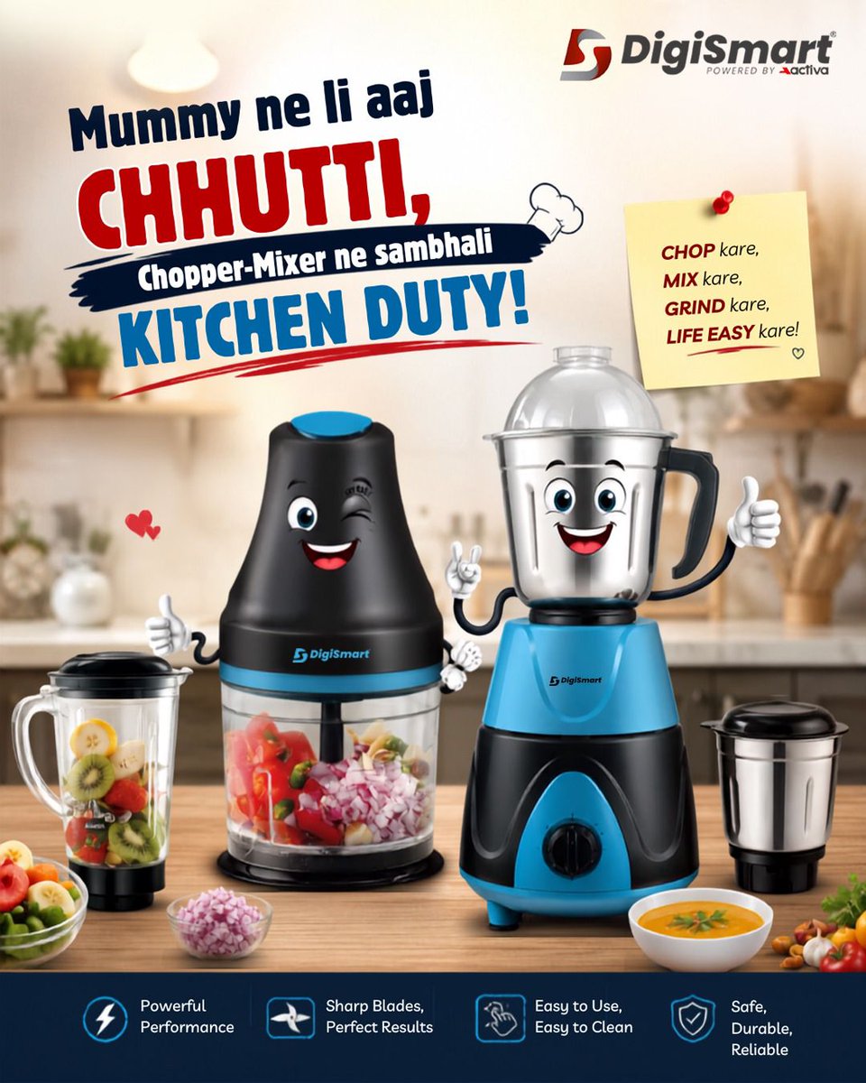 DigiSmartElect's tweet photo. Mummy kare relax,
Kitchen mein hue attacks
DigiSmart ne sambhala sab,
Aur bann gaye fatafat snacks..

#DigiSmart #SmartKitchen #KitchenHacks #HomeChef #EverydayCooking
#EasyCooking #KitchenEssentials #MixerGrinder #MiniChopper #CookSmart https://t.co/9v1ilwAo6r