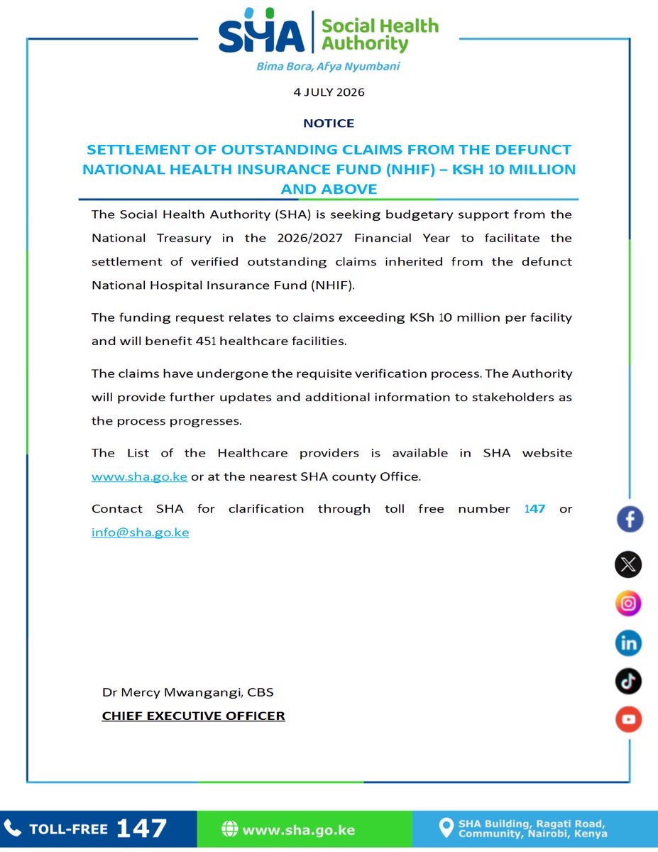 _shakenya's tweet photo. Settlement of outstanding claims from defunct NHIF https://t.co/pyRqUkuded