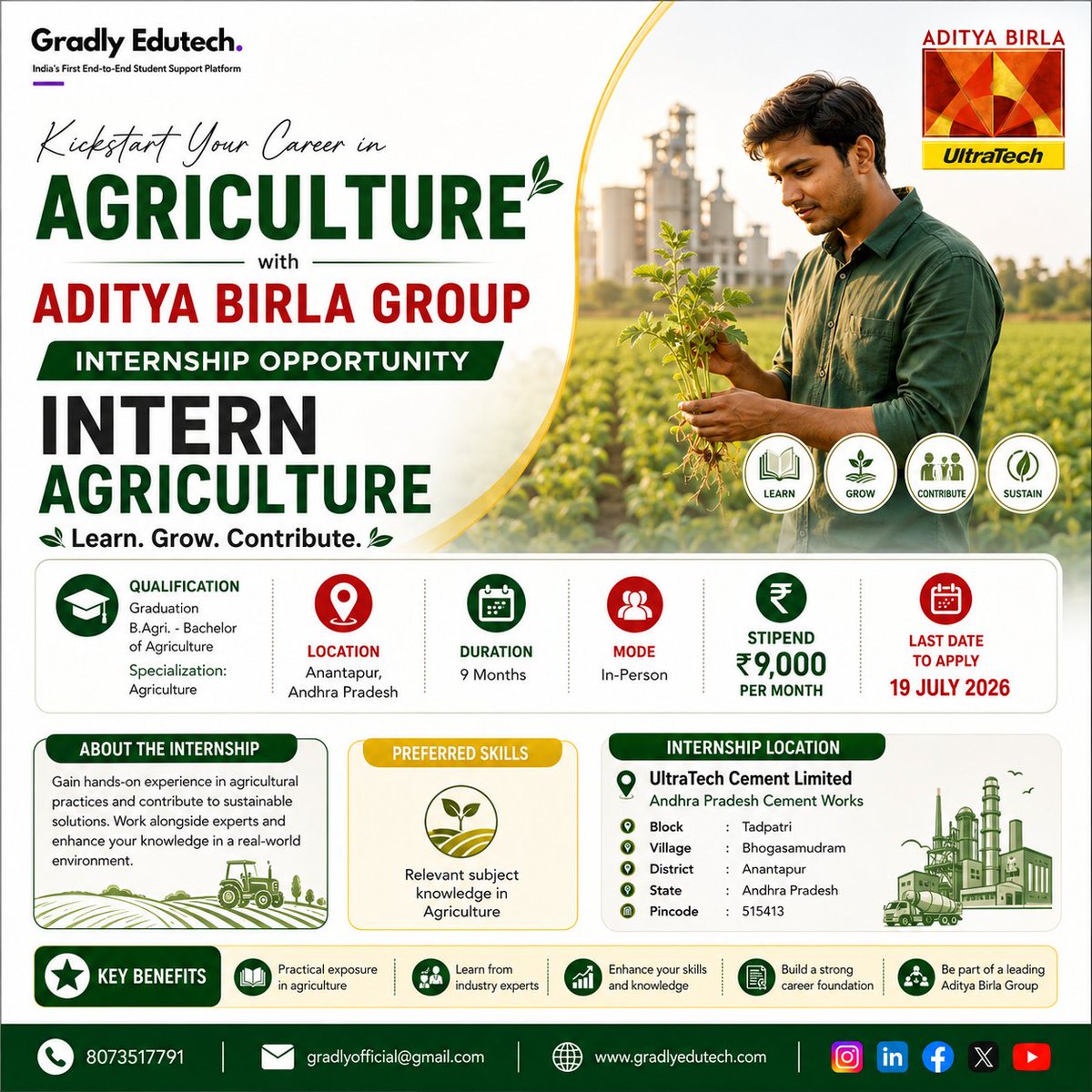 gradlyofficial's tweet photo. Agriculture Internship Opportunity!
Aditya Birla Group (UltraTech Cement) is hiring Agriculture Interns.
Apply by 19 July 2026
Follow @gradlyofficial for daily updates on opportunities.
#AgricultureInternship #AdityaBirla #UltraTech #BScAgriculture #Internship #GradlyEdutech https://t.co/cNqjp2yrCq