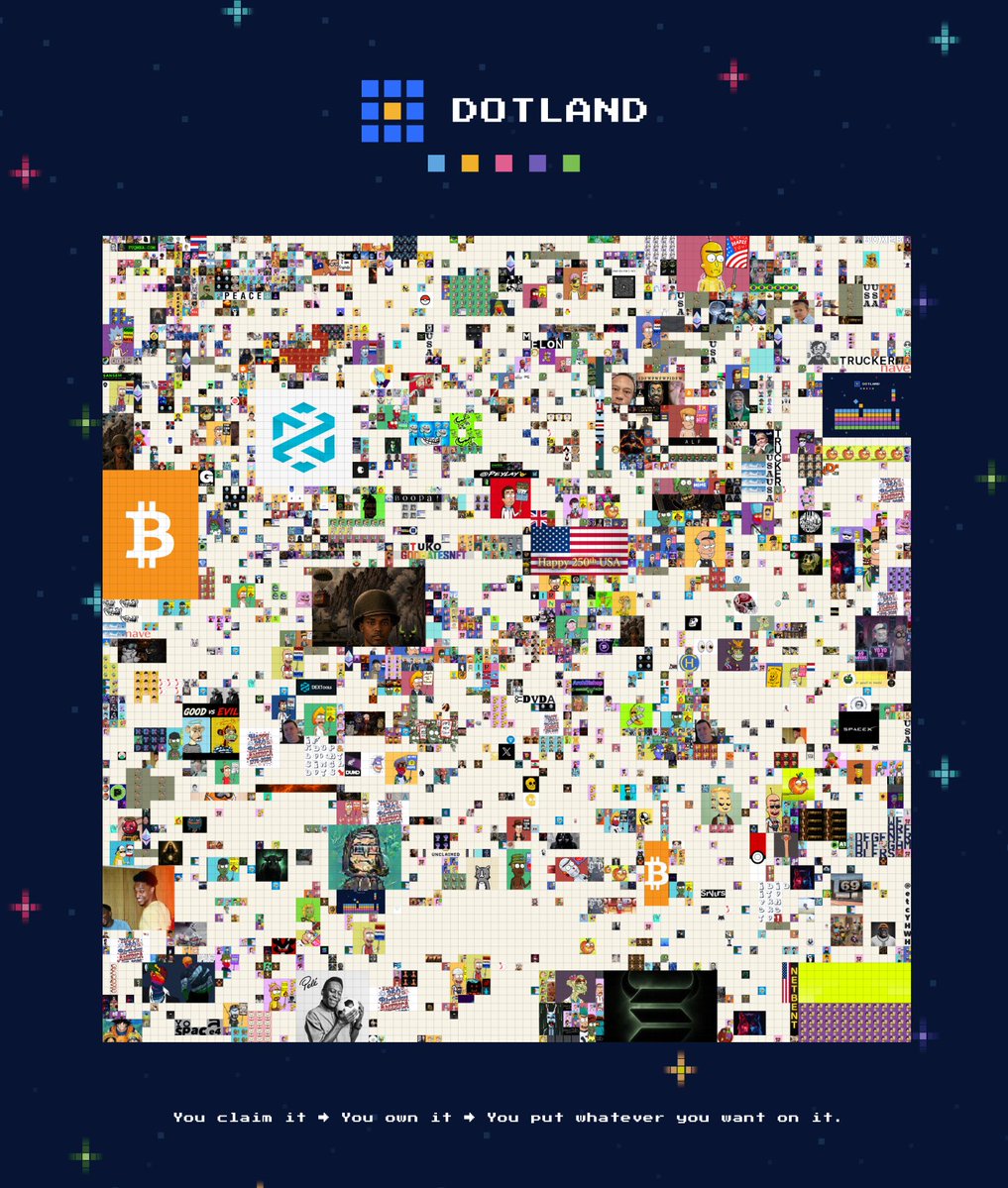 DotLandApp's tweet photo. r/place but you keep your pixels forever.
That’s DotLand.

Communities battling for space on a shared canvas, except this time it’s permanent, on-chain, and you actually own your territory.

80% claimed already. https://t.co/FSlrXRHgMZ