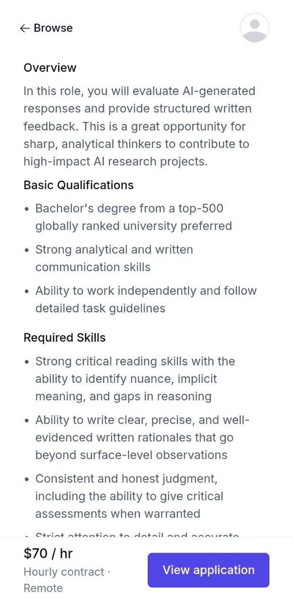 Joejiro20's tweet photo. @software_daily What you'll do: Evaluate AI-generated responses, Provide clear, structured written feedback.
Work remotely on your own schedule
Requirements: Strong written English and critical thinking skills. 
• Bachelor's degree preferred
💰 Pay: Up to $70/hour
💳 Payments: Stripe or Wise https://t.co/1A6vHkkpiV