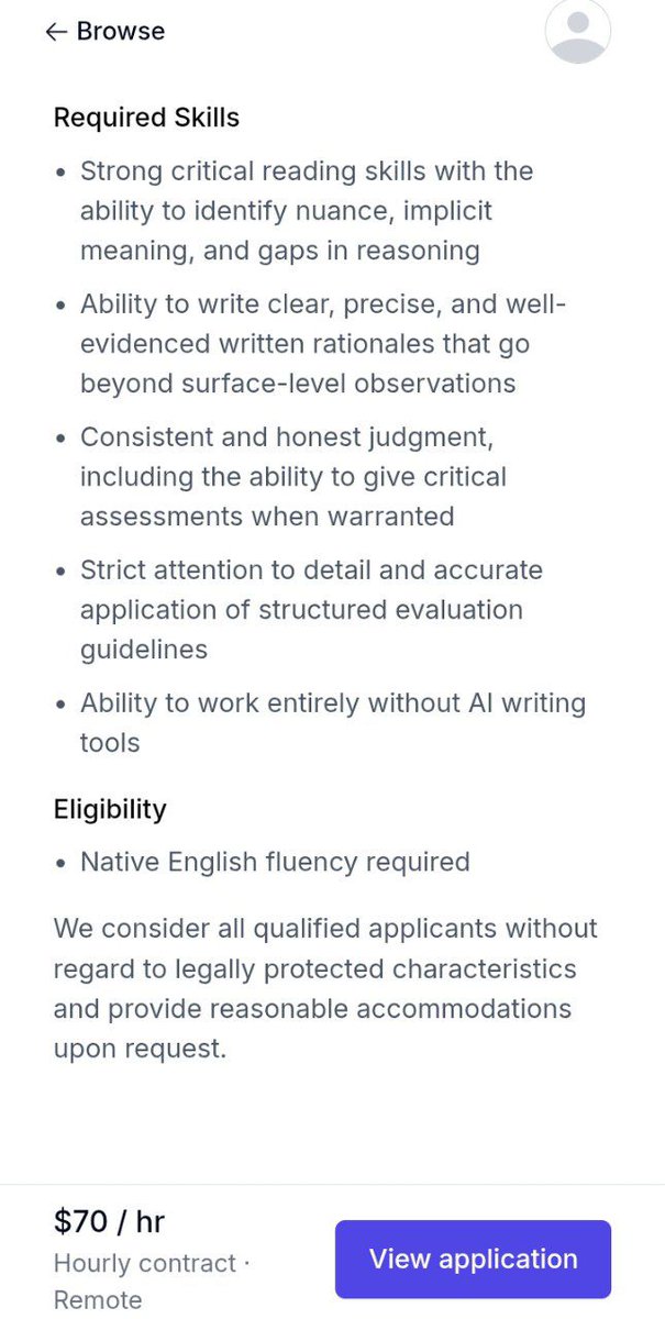 Joejiro20's tweet photo. @software_daily What you'll do: Evaluate AI-generated responses, Provide clear, structured written feedback.
Work remotely on your own schedule
Requirements: Strong written English and critical thinking skills. 
• Bachelor's degree preferred
💰 Pay: Up to $70/hour
💳 Payments: Stripe or Wise https://t.co/1A6vHkkpiV