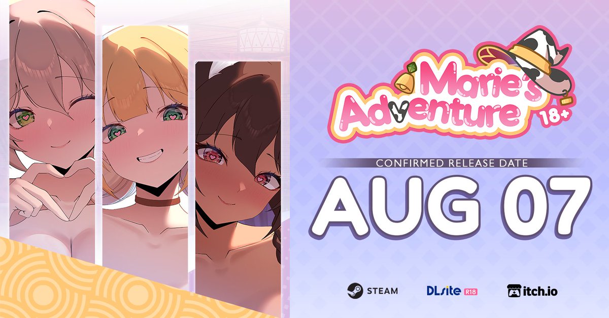 NoBudgetDev's tweet photo. Hello everyone! It's finally time to put an end to all the guessing and curiosity!

Marie's Adventure is officially scheduled to release on August 7 (JST / UTC+9)! 

Our goal is to launch simultaneously on Steam, DLsite, and itch io, so let's all hope everything goes smoothly and there are no last-minute issues with any of the stores.

In the meantime, don't forget to Wishlist or Favorite the game on your preferred platform!

・Steam・
https://t.co/XXJUEKcS5O

・DLsite・
https://t.co/fiu7uyzc0K

・Itch io・
https://t.co/KfUaXJlmBD
