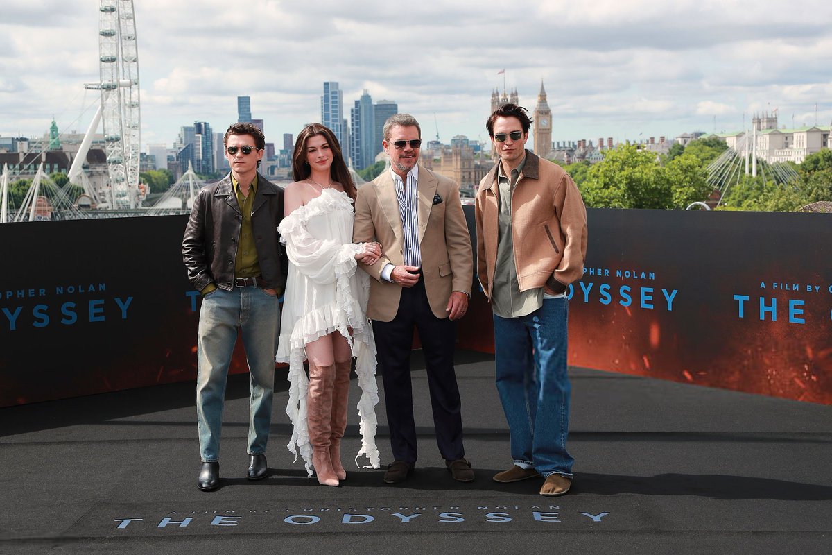 NolanAnalyst's tweet photo. Matt Damon, Anne Hathaway, Tom Holland and Robert Pattinson at ‘THE ODYSSEY’ photocall in London. https://t.co/ytDvmZqYhr