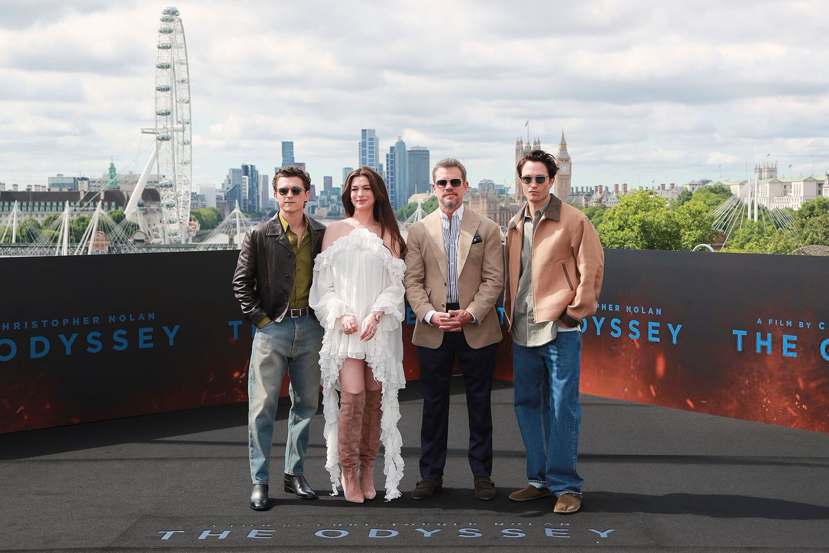 NolanAnalyst's tweet photo. Matt Damon, Anne Hathaway, Tom Holland and Robert Pattinson at ‘THE ODYSSEY’ photocall in London. https://t.co/ytDvmZqYhr