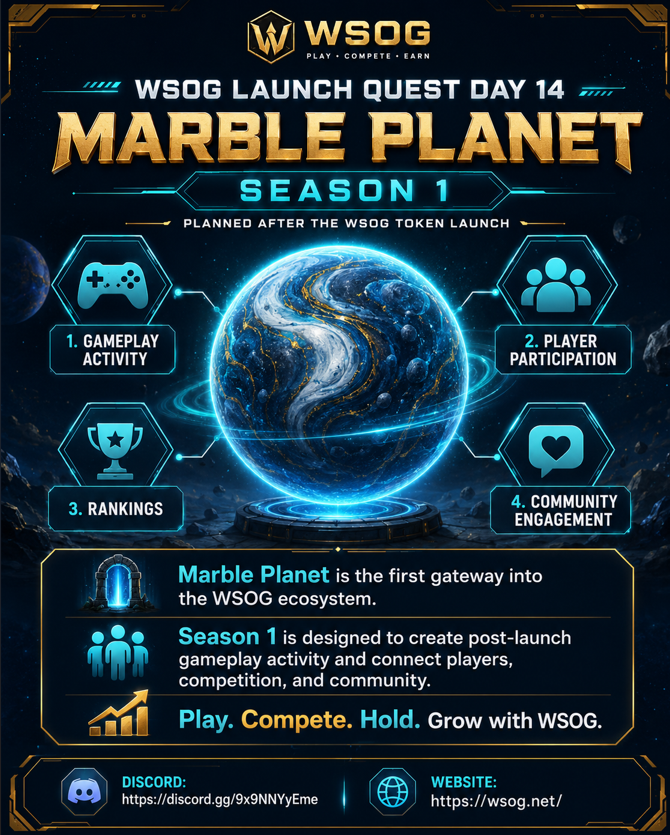 wsog_net's tweet photo. 🚀 WSOG Launch Quest Day 14

Marble Planet Season 1 is planned after the WSOG token launch.

Marble Planet is the first gateway into the WSOG ecosystem.

Season 1 will help create post-launch gameplay activity, player participation, rankings, and community engagement.

WSOG is building a game economy where playing, competing, and holding can connect through one ecosystem.

Play. Compete. Hold. Grow with WSOG.

Discord: https://t.co/KYrMgQJPDp
Website: https://t.co/XGHUJH1Iwf